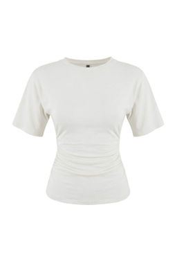 Wardrobe Essentials-Ekru Fitted/Vucuda Oturan K?sa Kollu Esnek Orme T-Shirt TWOSS26TS00052