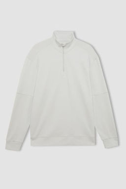 Gri DeFactoFit Standart Fit Dik Yaka Fermuarl? Skuba Dalg?c Kumas Sporcu Sweatshirt