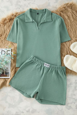 Trendyolmilla Antrasit Slogan Etiket Detayl? Waffle Kumas Sortlu Orme Pijama Tak?m? THMSS25PT00072  фото 13