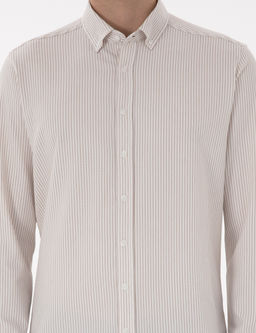 Bej Slim Fit _izgili Uzun Kollu G_mlek