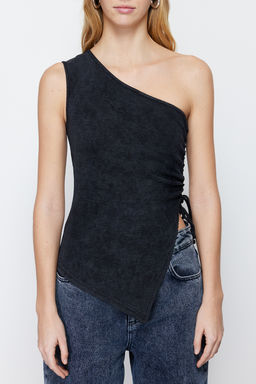 Siyah Eskitme/Soluk Efektli Vucuda Oturan Fitilli Pamuklu Esnek Orme Bluz TWOSS24BZ00298 - Trendyolmilla фото 4