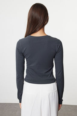 Antrasit Slogan Bask?l? Vucuda Oturan Crop Esnek Orme Bluz TWOAW25BZ00148