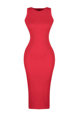 K?rm?z? Fitilli Bodycone/Vucuda Oturan Bisiklet Yaka Esnek Midi Orme Kalem Elbise TWOSS22EL1575