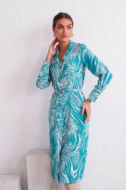 11638 Платье-рубашка с английским воротником бирюзово-белое