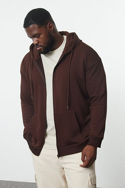 Kahverengi B_y_k Beden Oversize Basic Kap__onlu Fermuarl_ __i Polar Pamuk Sweatshirt TMNAW24AO00003