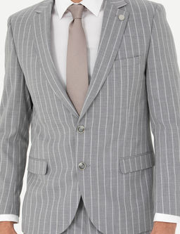 Gri Extra Slim Fit _izgili Y_n Kar___ml_ Tak_m Elbise