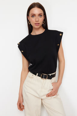 TRENDYOLMILLA Lacivert %100 Pamuk Dugme Detayl? Vatka Gorunumlu Basic Bisiklet Yaka Orme T-Shirt TWOSS23TS00016  фото 9