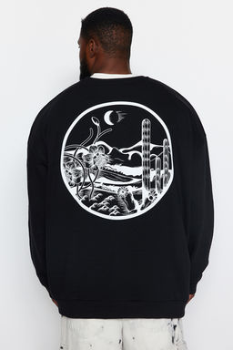 TRENDYOL MAN Siyah Buyuk Beden Bisiklet Yaka Oversize/Genis Kesim S?rt Bask? Ici Polar Sweatshirt TMNAW24AO00004 - Trendyolmilla фото 5