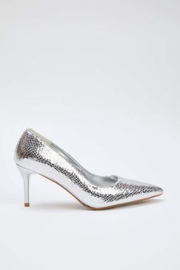 Gumus Kroko Desenli Sivri Burun Ince Topuklu Kad?n Klasik Topuklu Ayakkab? TAKAW26TO00013 - Trendyolmilla фото 3