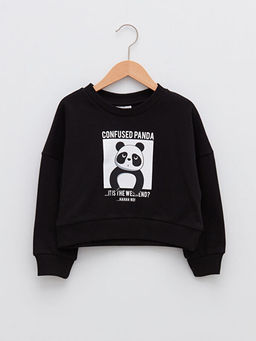 Bisiklet Yaka Bask?l? Uzun Kollu K?z ?ocuk Sweatshirt