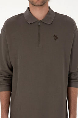 Erkek Comfort Fit Yar_m Fermuarl_ Vizon Sweatshirt