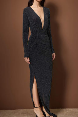 Siyah Simli Orme Derin V Yakal? Maxi Abiye & Mezuniyet Elbisesi TPRAW26AE00023