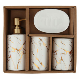 Набор для ванной "Мрамор" 4 предмета: дозатор для мыла 360мл, д7см, h17,8см; мыльница 11,3х7,8х2,4см; стакан для зубных щеток с разделителем 330мл, д7см, h10,7см, стакан 290мл, д6,3см, h11см; фурнитура пластик "под золото", глянцвая глазурь, белый/зо