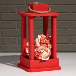 Кашпо деревянное Фонарь, ручка верёвка, красный, 161630 см