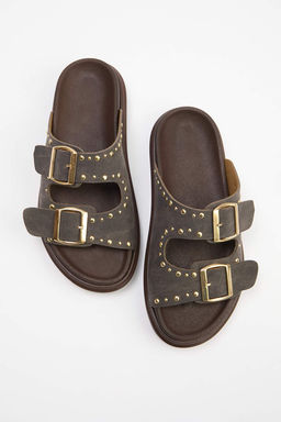 Trendyol Shoes Siyah Rivetli Cift Tokal? Duz Kad?n Terlik TAKSS25TE00004 - Trendyolmilla фото 14