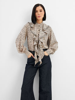 Блузка с отлетными рюшами OD-914-5 бежевый с черным