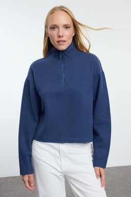 Indigo Selanik/Triko Gorunumlu Fermuarl? Yaka Regular/Normal Kal?p Orme Sweatshirt TWOAW22SW0732