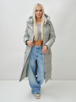 Пальто утепленное стеганное зимнее с капюшоном женское зеленого цвета 9608Z