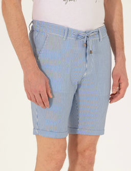 Koyu Mavi Slim Fit Beli Lastikli _izgili Ba_c_kl_ Bermuda _ort