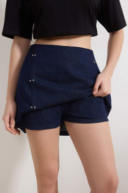 Koyu Mavi Aksesuar/Trok Detayl? %100 Pamuk Denim Sort Etek TWOSS26SR00014 - Trendyolmilla фото 3