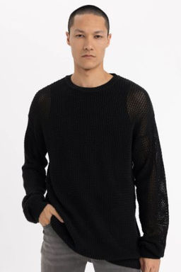 Regular Fit Bisiklet Yaka Krose Delikli Triko Sweatshirt