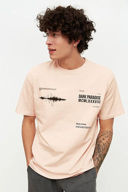 Pudra Oversize/Geni_ Kesim Bisiklet Yaka Yaz_ Bask_l_ %100 Pamuklu T-Shirt TMNSS20TS1097