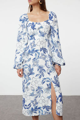 Mavi Soyut Mavi Cicek Desenli Midi Dokuma Elbise TWOAW24EL00865
