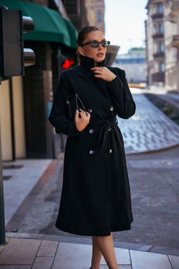 Siyah Oversize Yumusak Dokulu Kruvaze Uzun Kase Kaban TWOAW26KB00050 - Trendyolmilla фото 11