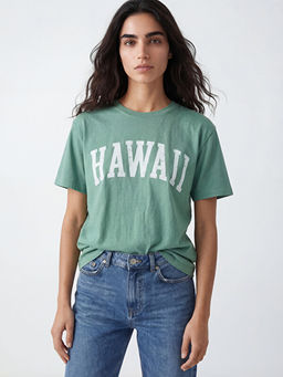 Bisiklet Yaka Hawaii Bask?l? Kad?n Ti??rt