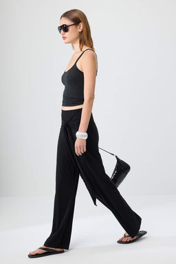 Siyah D_z Wide Leg Y_ksek Bel Uzun Ba_lama Detayl_ Esnek _rme Pantolon TWOSS26PL00244 - Trendyolmilla фото 2
