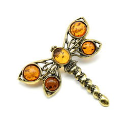 Брошь Стрекоза из металла с янтарем 54*50мм цв.коньячный