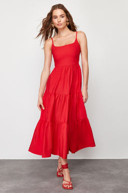 TRENDYOLMILLA K?rm?z? Etegi Belden Ac?lan Pamuk Kar?s?ml? Maxi Dokuma Elbise TWOSS24EL00386  фото 12