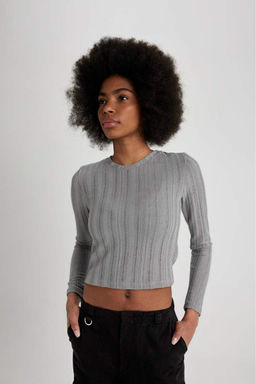 Приталенная футболка с длинным рукавом и круглым вырезом - Defacto фото 6