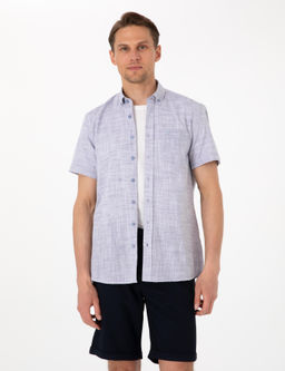 Рубашка Lacivert Regular Fit темно-синяя льняная с коротким рукавом