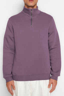 Mor Regular/Normal Kesim Dik Yaka Fermuarl? Pamuklu Basic Ici Polarl? Sweatshirt TMNAW24SW00041