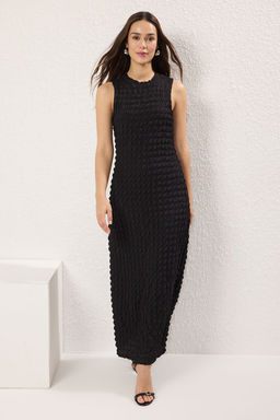 Siyah Duz Dokulu A Kesim/Can Form Bisiklet Yaka Dokulu Maxi Elbise TWOSS24EL00683