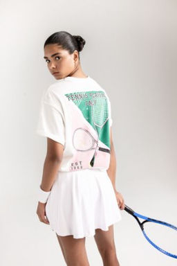 DeFactoFit Oversize Genis Kal?p Bisiklet Yaka Bask?l? Sporcu K?sa Kollu Tisort