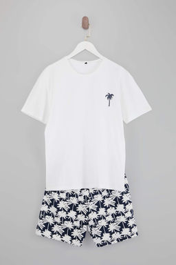 Ekru Regular Kesim Palmiye Desenli Pamuklu T-shirt-Sort Pijama Tak?m? TMNSS26PT00023