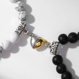 Браслеты парные «Неразлучники» на магните, сердце, чёрно-белые в серебре, d=6 см