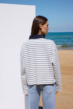 Ekru Cizgili More Sustainable Dokuma Yaka Detayl? Regular Orme T-shirt/Sweatshirt TWOAW26TS00004 - Trendyolmilla фото 4