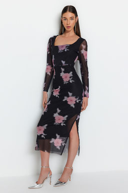 TRENDYOLMILLA Siyah Tul Cicekli Vucuda Oturan Kare Yaka Uzun Kol Maxi Esnek Orme Kalem Elbise TWOAW24EL00291 фото 3