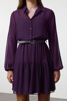 TRENDYOLMILLA Mor Kemerli Etegi Belden Ac?lan Mini Astarl? Sifon Dokuma K?sl?k Elbise TWOAW25EL00180  фото 4