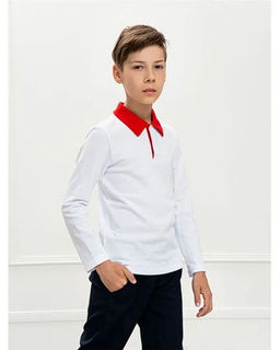 Футболка Поло д/м длинный рукав, цвет белый-красный, 100% х/б