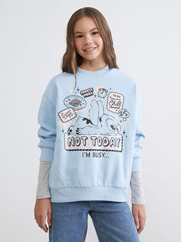 Bisiklet Yaka Stitch Bask?l? K?z ?ocuk Sweatshirt