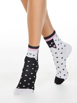 Цена за 2 пары. Носки Классические CONTE Хлопковые носки HAPPY c рисунками Котики черный-белый