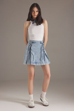 TRENDYOLMILLA Mavi Kusgozu Baglama Detayl? Normal Bel Mini Denim Etek TWOSS25ET00130  фото 2