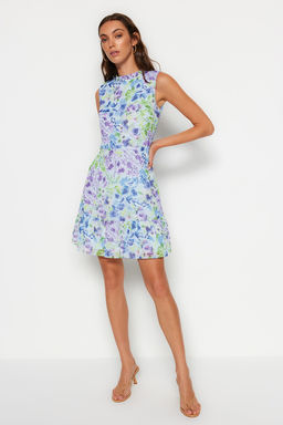 Mavi Cicekli A Kesim F?rf?rl? Astarl? Mini Dokuma Elbise TWOSS20EL0681