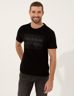 Siyah Slim Fit Bask_l_ Bisiklet Yaka Ti__rt