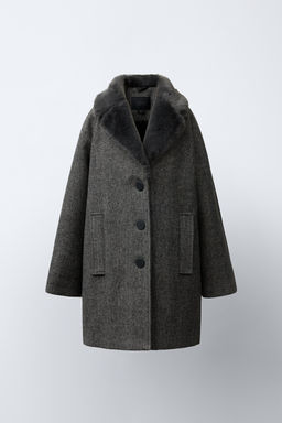 HERRINGBONE COAT WITH WOOL AND FAUX FUR COLLAR