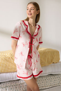 Trendyolmilla Pembe %100 Pamuklu Kurdele/Fiyonklu F?rf?rl? Sortlu Orme Pijama Tak?m? THMSS25PT00293 фото 13